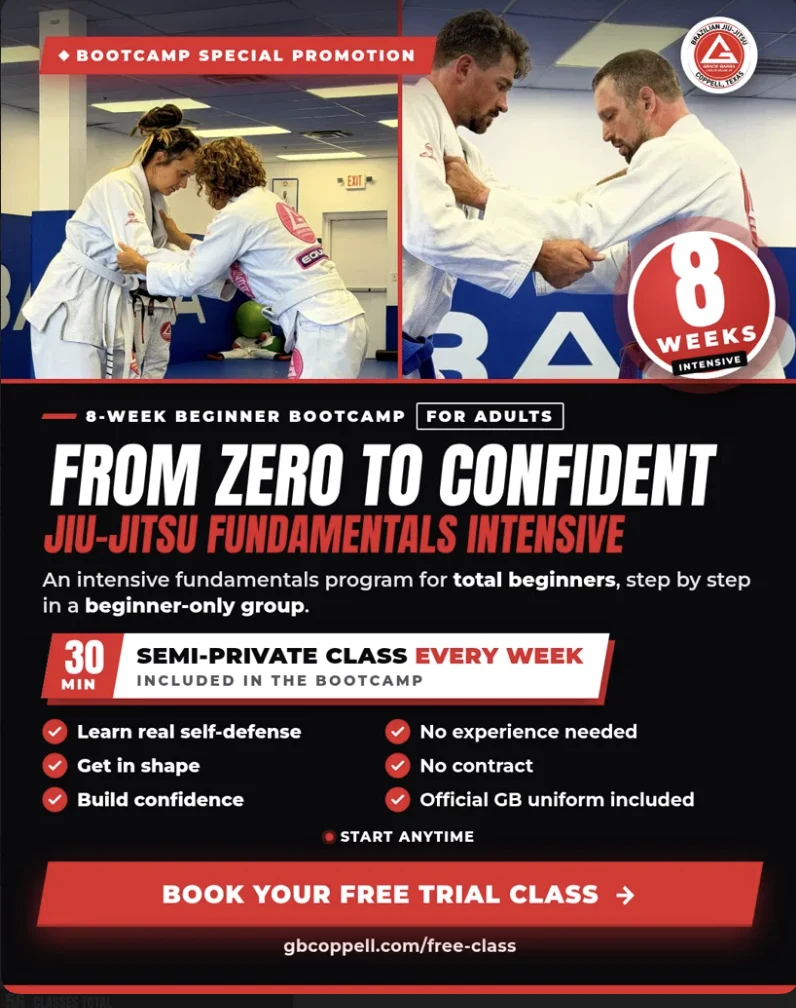 8-week adult beginner Jiu-Jitsu bootcamp at Gracie Barra Coppell: semi-private class every week, no experience needed, no contract, official GB uniform included