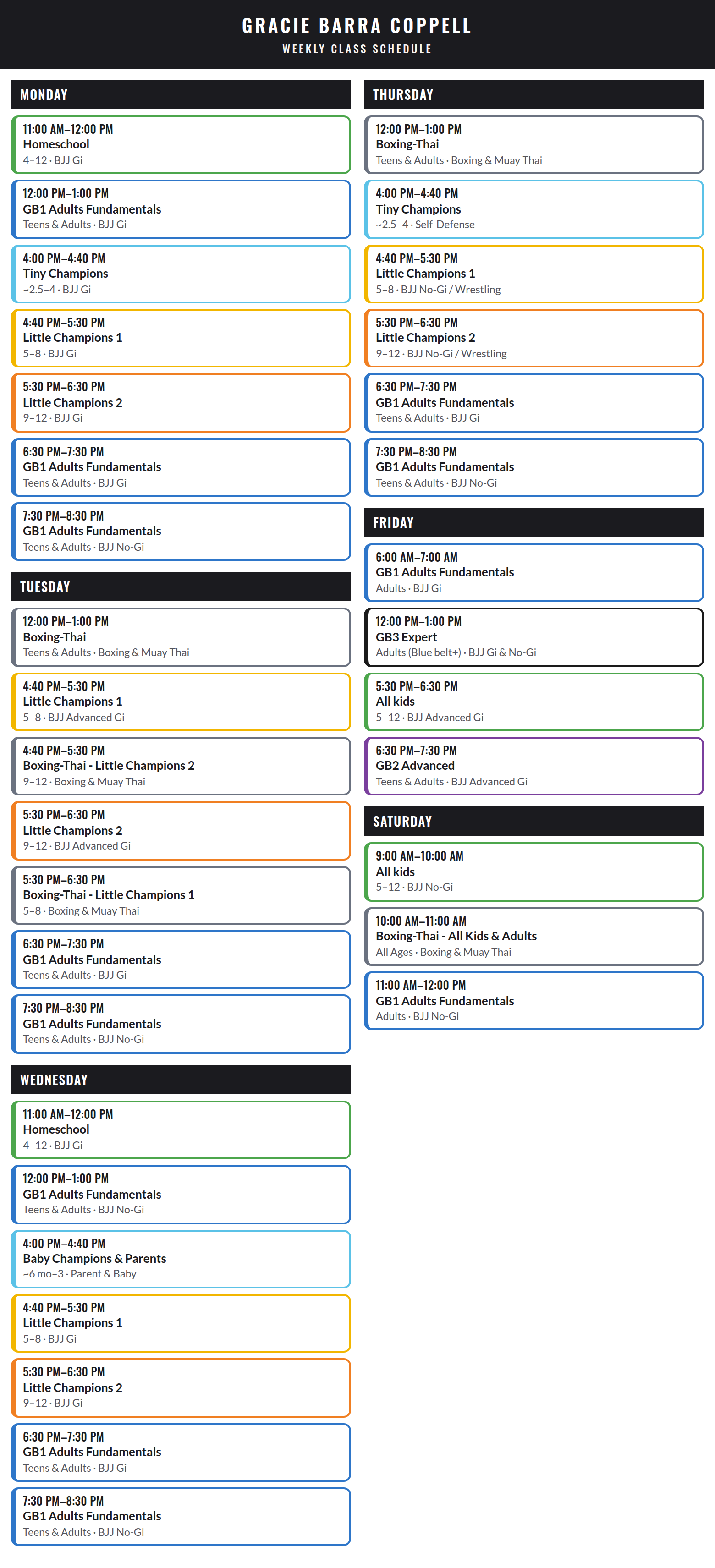 Coppell weekly class schedule