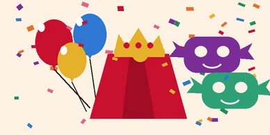 Party masks, balloons, confetti, and a cape from the Gracie Barra Coppell costume party flyer